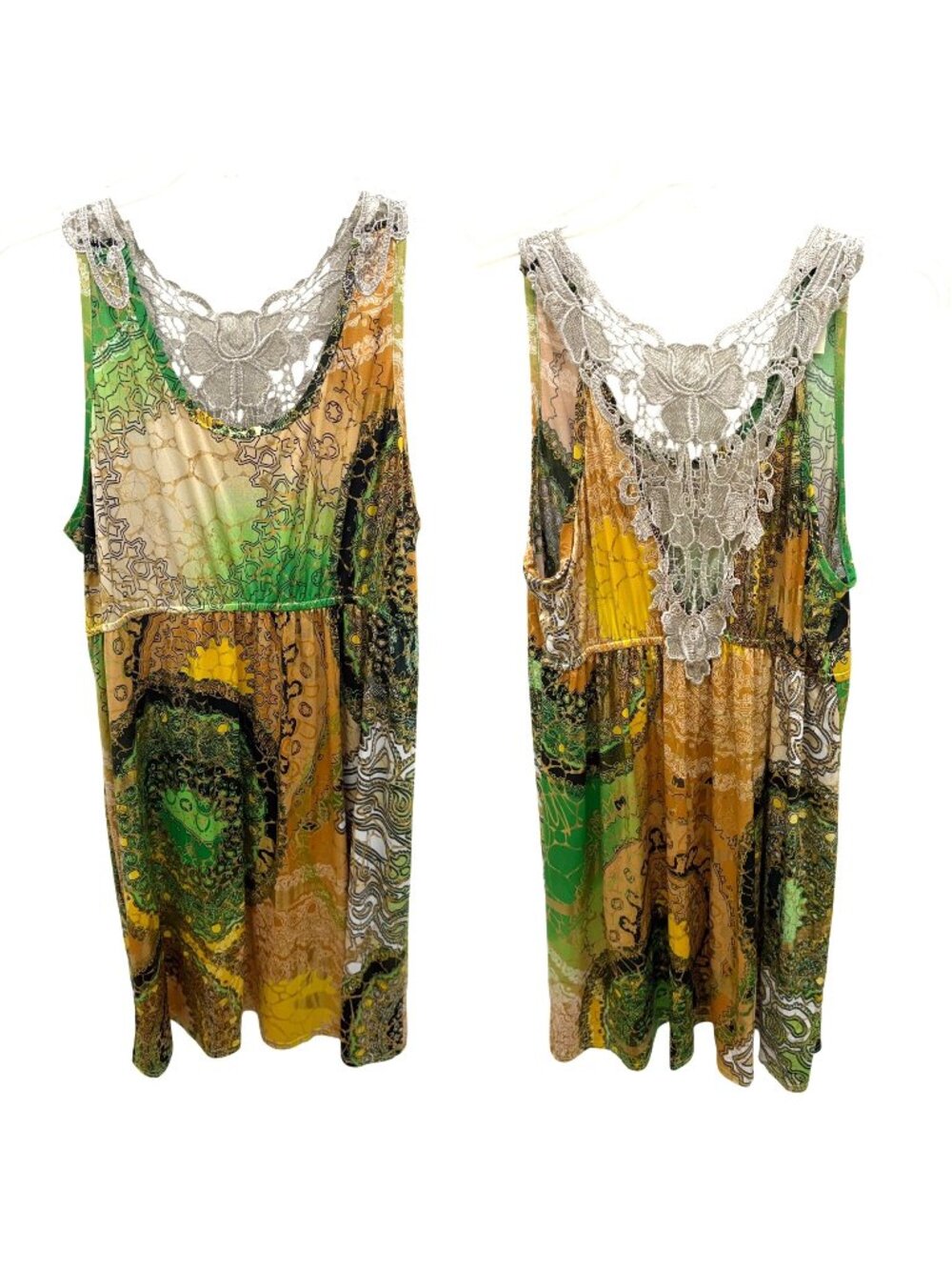 Shoreline Boho Patchwork Lace Empire Waist Dress Knee Length Green Yellow Brown